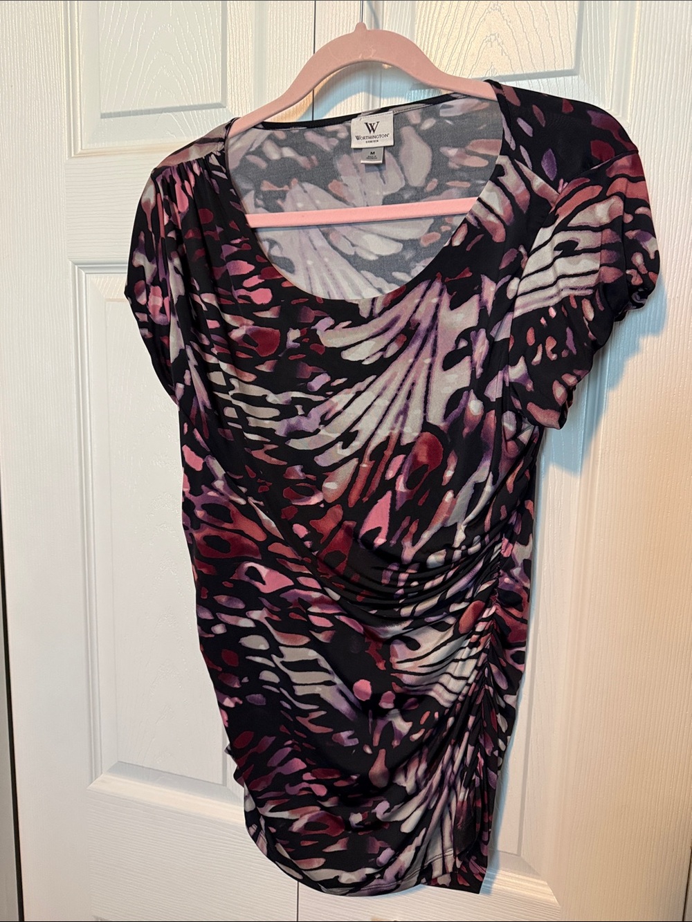 Worthington Purple and Black Abstract Ruched Scoop Neck Top
